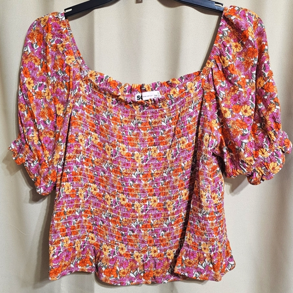 SO Orange Pink Multicolor Floral Smocked Off The Shoulder Blouse Summer Crop Top
